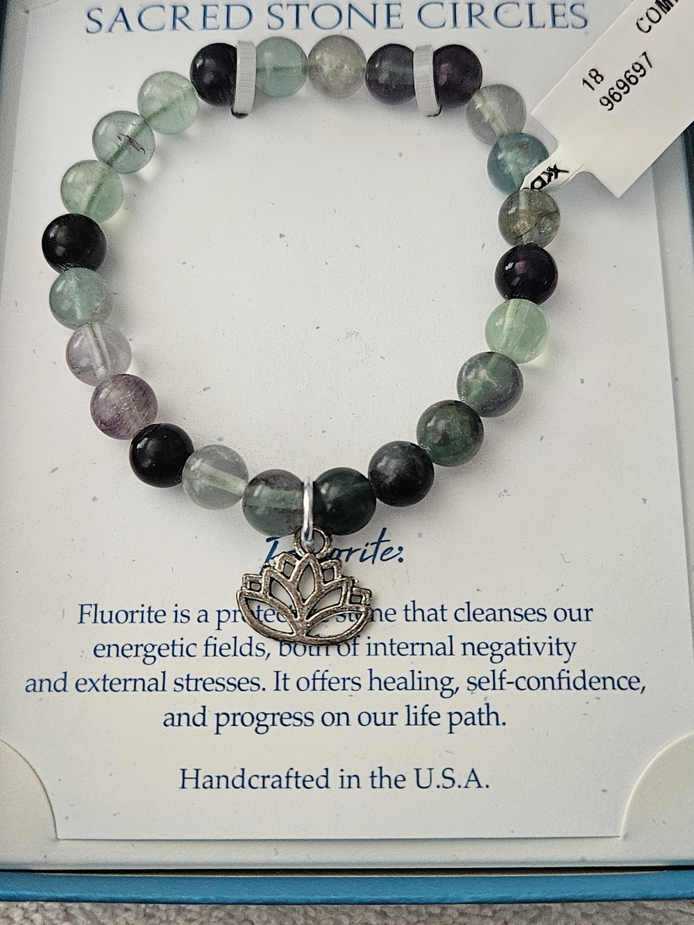 Fluorite Beaded Lotus Charm Bracelet - Green & Purple
